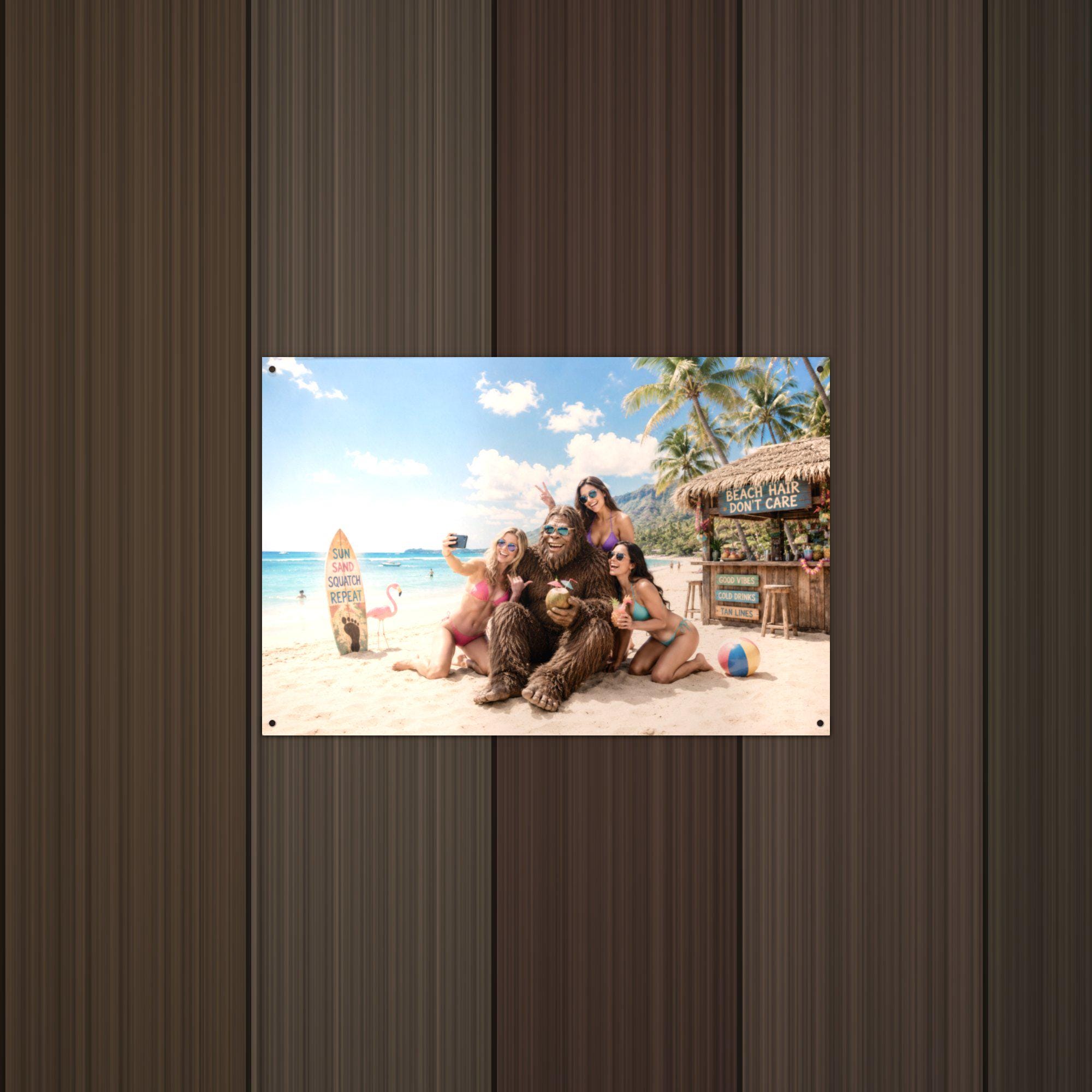 Beach Selfie Bigfoot Metal Sign Bigfoot Aluminum Sign — lifestyle setting