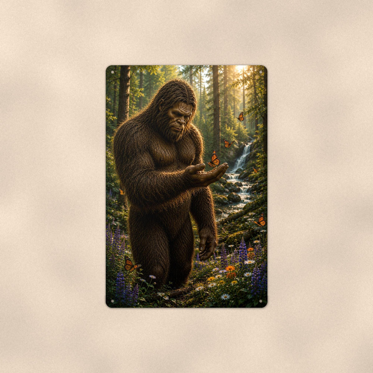Butterfly Bigfoot on a sublimated 8 x 12 in aluminum sign, shown whole against a plain wall — wall decor, handmade gift.
