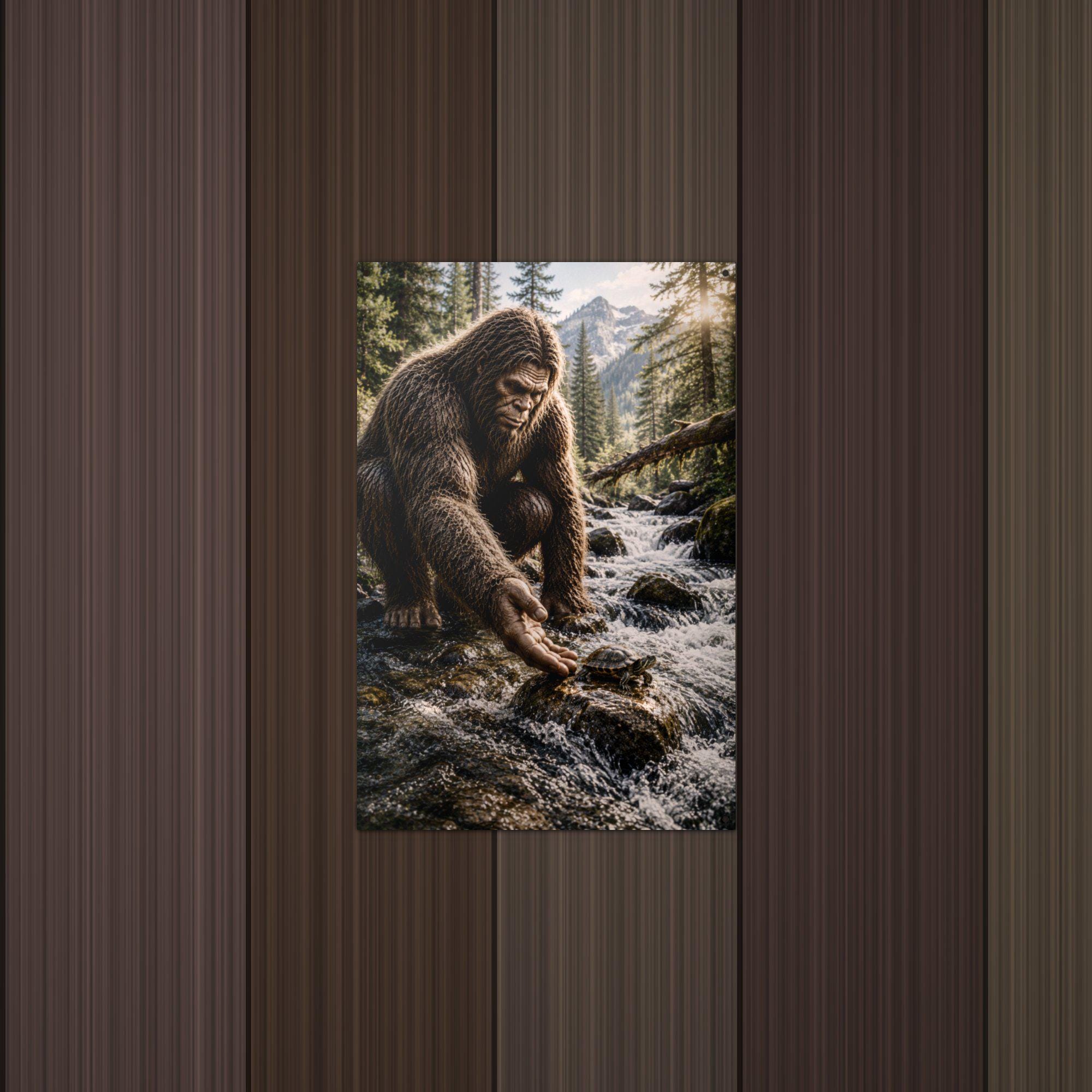 Creek Turtle Bigfoot Metal Sign Bigfoot Aluminum Sign — lifestyle setting