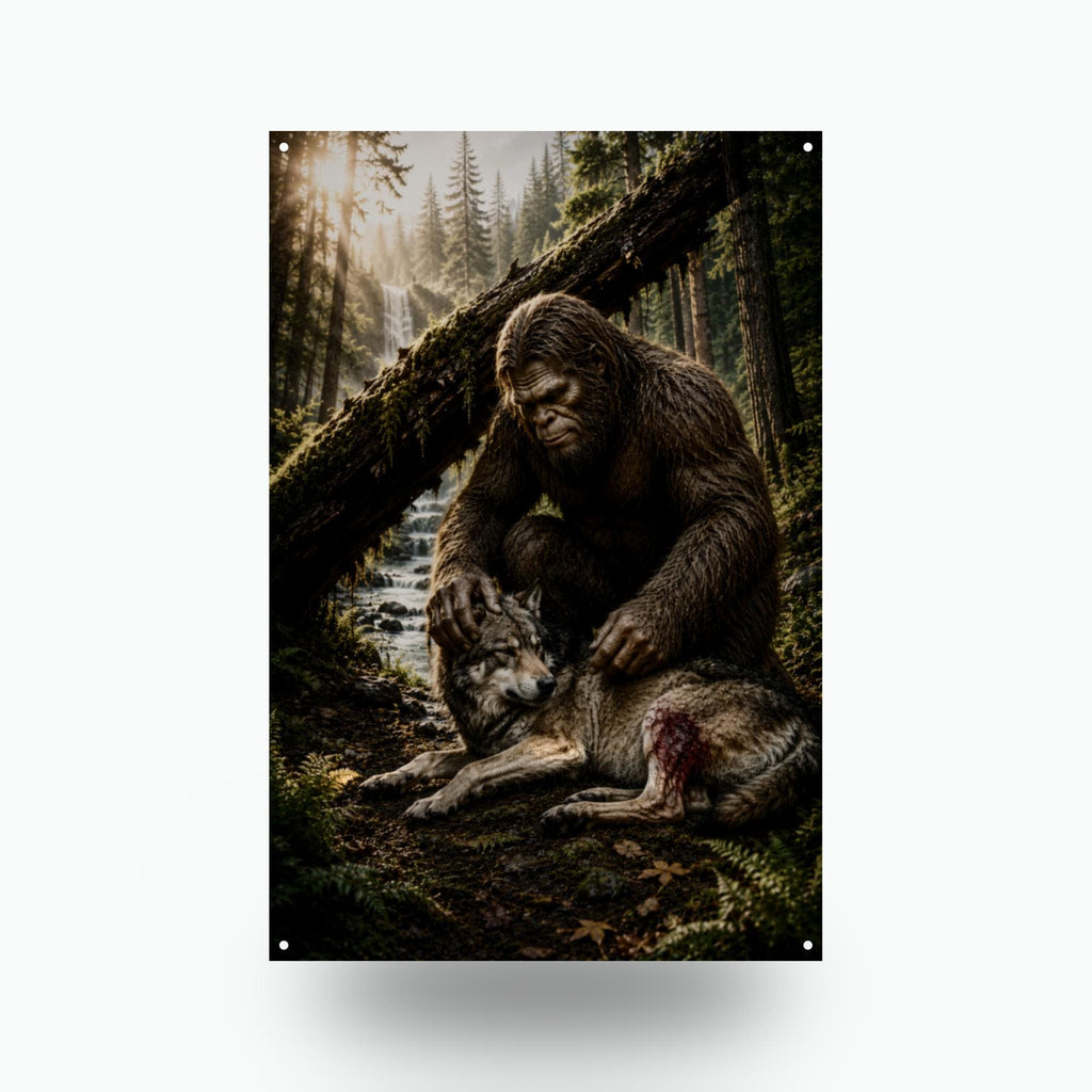 Bigfoot and Wolf Metal Sign Bigfoot Aluminum Sign — front view on white background