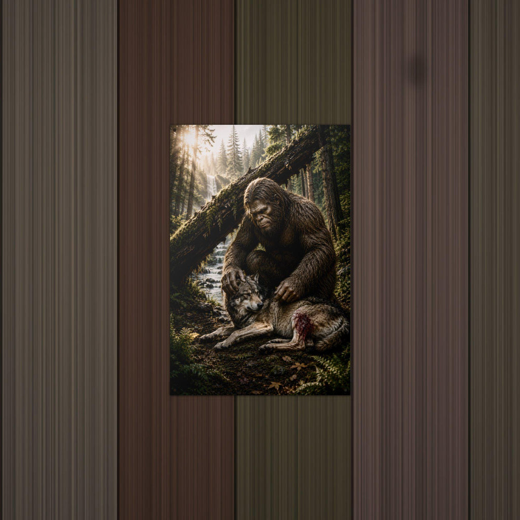Bigfoot and Wolf Metal Sign Bigfoot Aluminum Sign — lifestyle setting