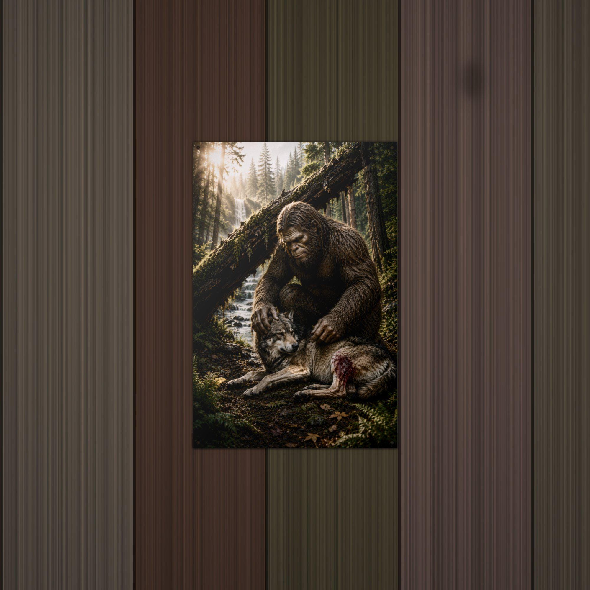Bigfoot and Wolf Metal Sign Bigfoot Aluminum Sign — lifestyle setting