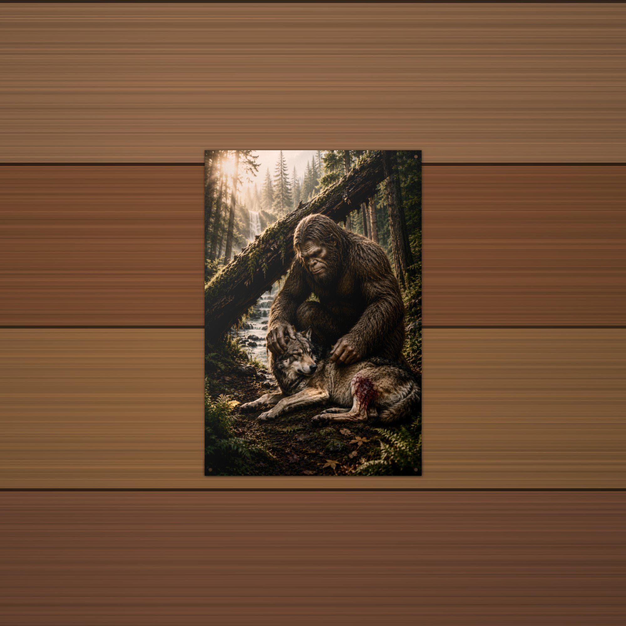 Bigfoot and Wolf Metal Sign Bigfoot Aluminum Sign — detail view
