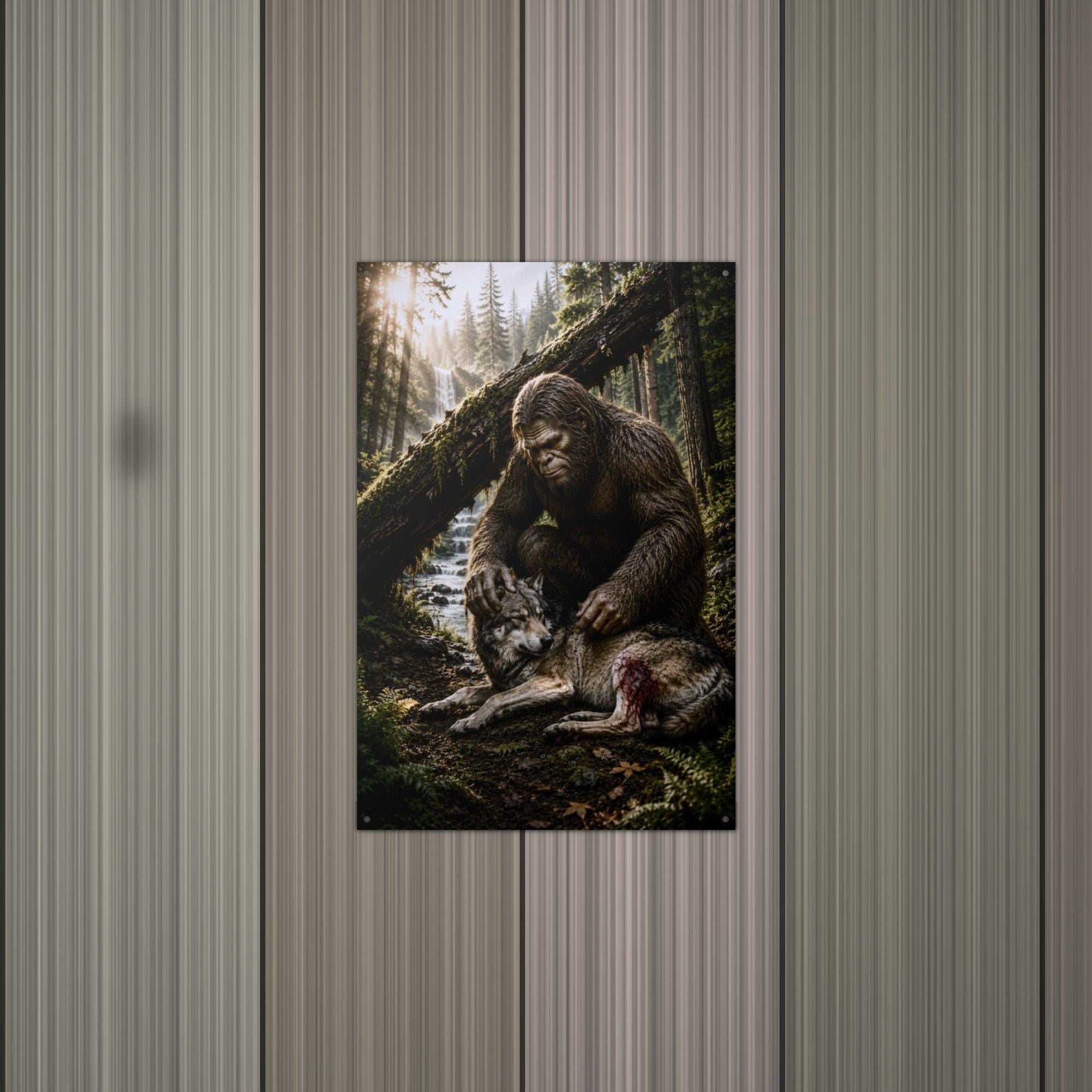 Bigfoot and Wolf Metal Sign Bigfoot Aluminum Sign — alternate angle