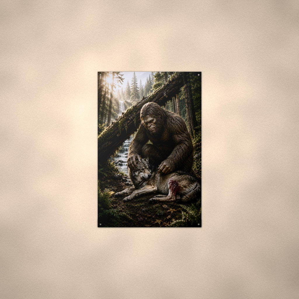 Bigfoot and Wolf Metal Sign Bigfoot Aluminum Sign — alternate angle