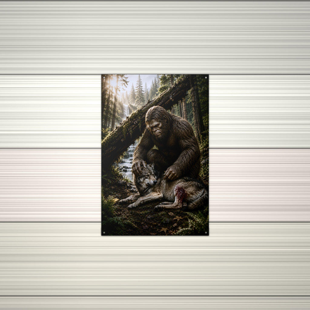 Bigfoot and Wolf Metal Sign Bigfoot Aluminum Sign — alternate angle