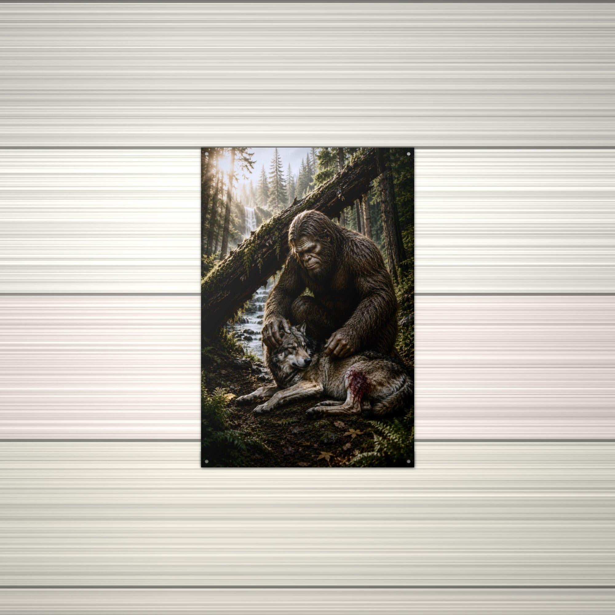 Bigfoot and Wolf Metal Sign Bigfoot Aluminum Sign — alternate angle