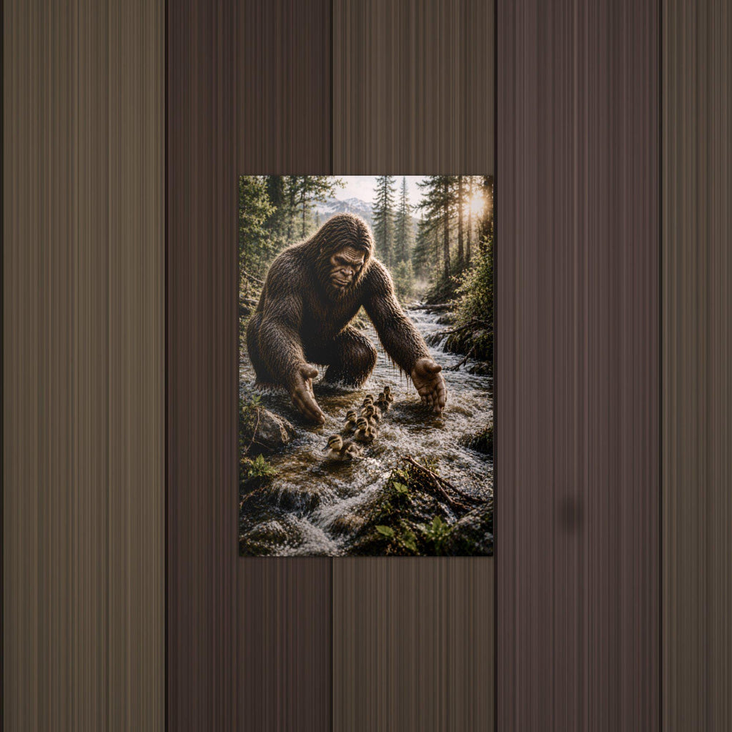 Creek Ducklings Bigfoot Metal Sign Bigfoot Aluminum Sign — lifestyle setting