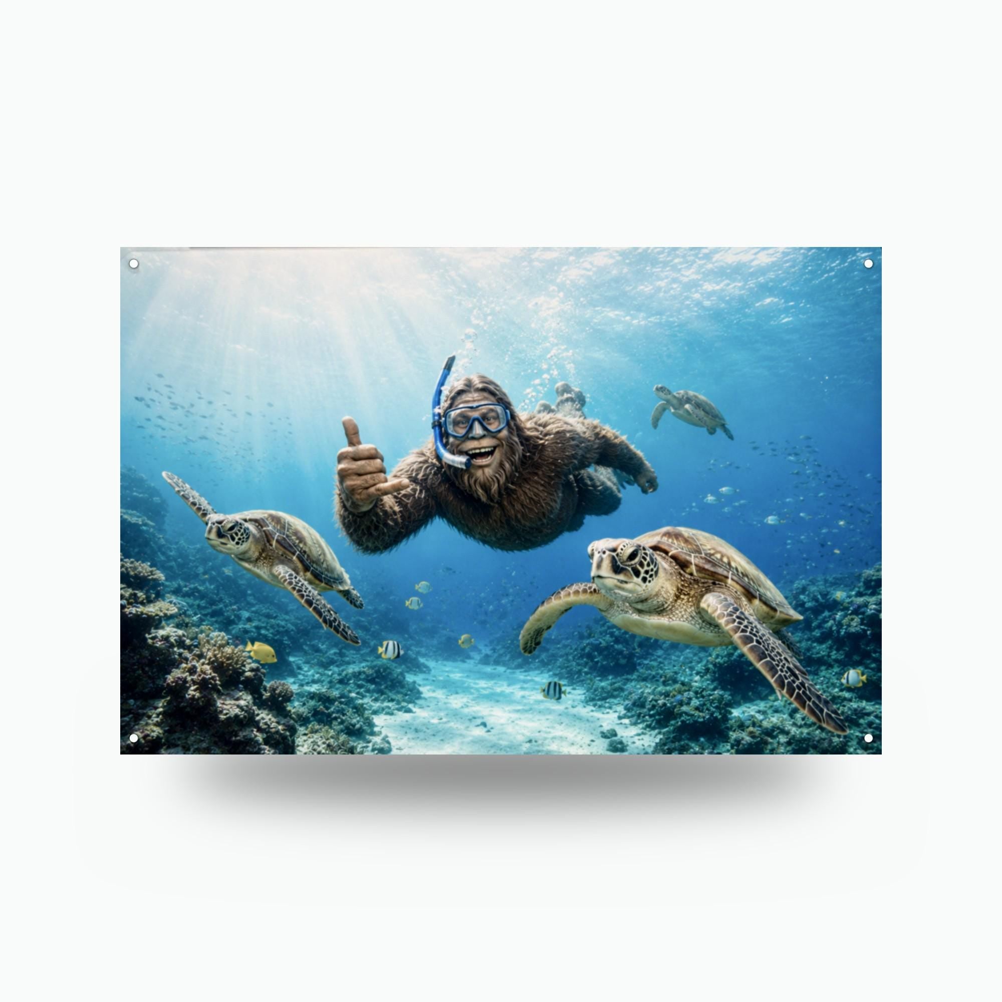 Scuba Bigfoot with Sea Turtles Metal Sign Bigfoot Aluminum Sign — front view on white background