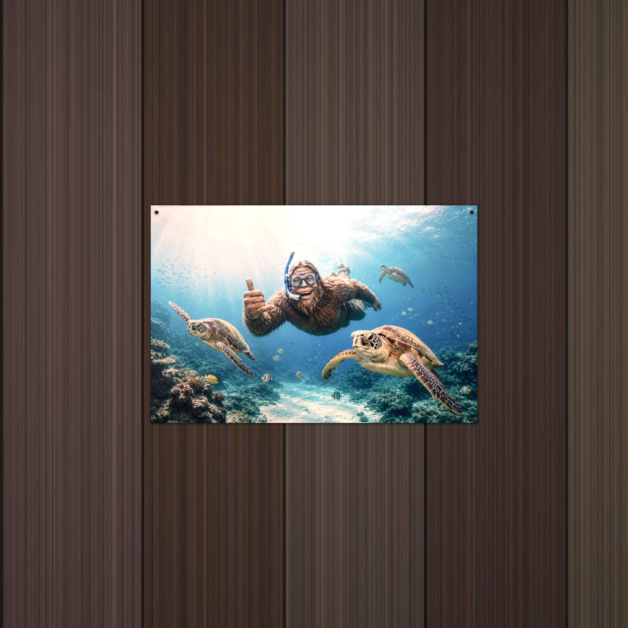 Scuba Bigfoot with Sea Turtles Metal Sign Bigfoot Aluminum Sign — lifestyle setting
