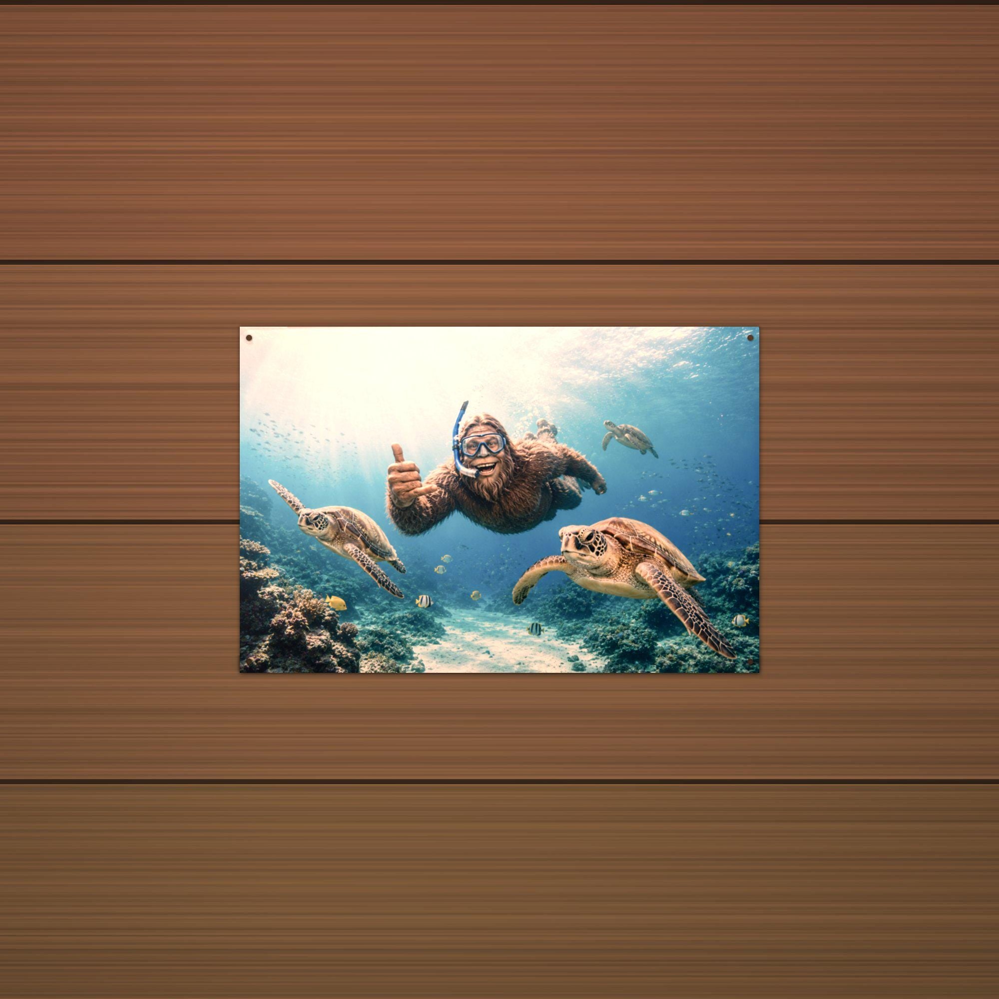 Scuba Bigfoot with Sea Turtles Metal Sign Bigfoot Aluminum Sign — detail view