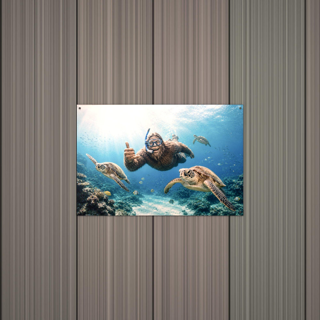 Scuba Bigfoot with Sea Turtles Metal Sign Bigfoot Aluminum Sign — alternate angle