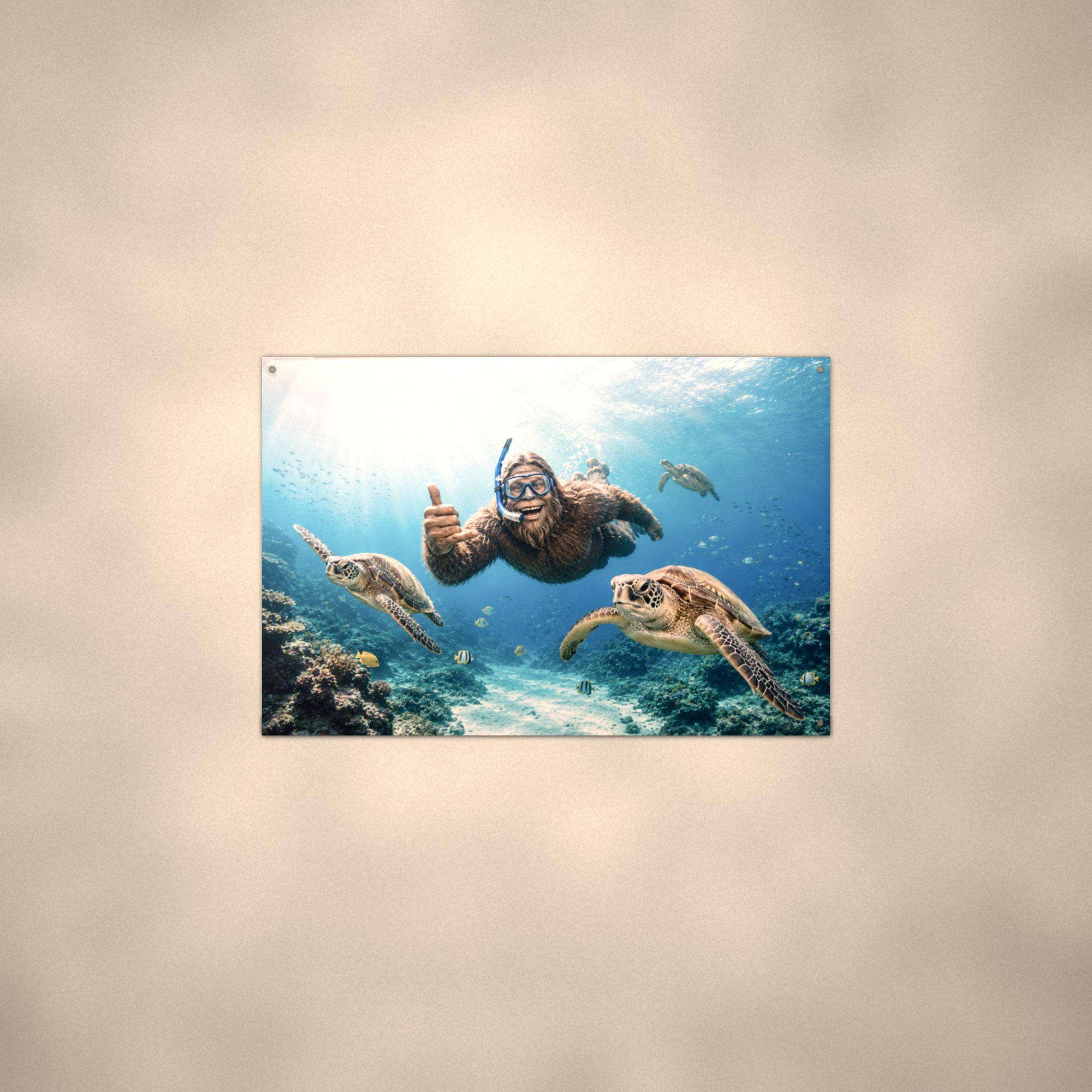 Scuba Bigfoot with Sea Turtles Metal Sign Bigfoot Aluminum Sign — alternate angle