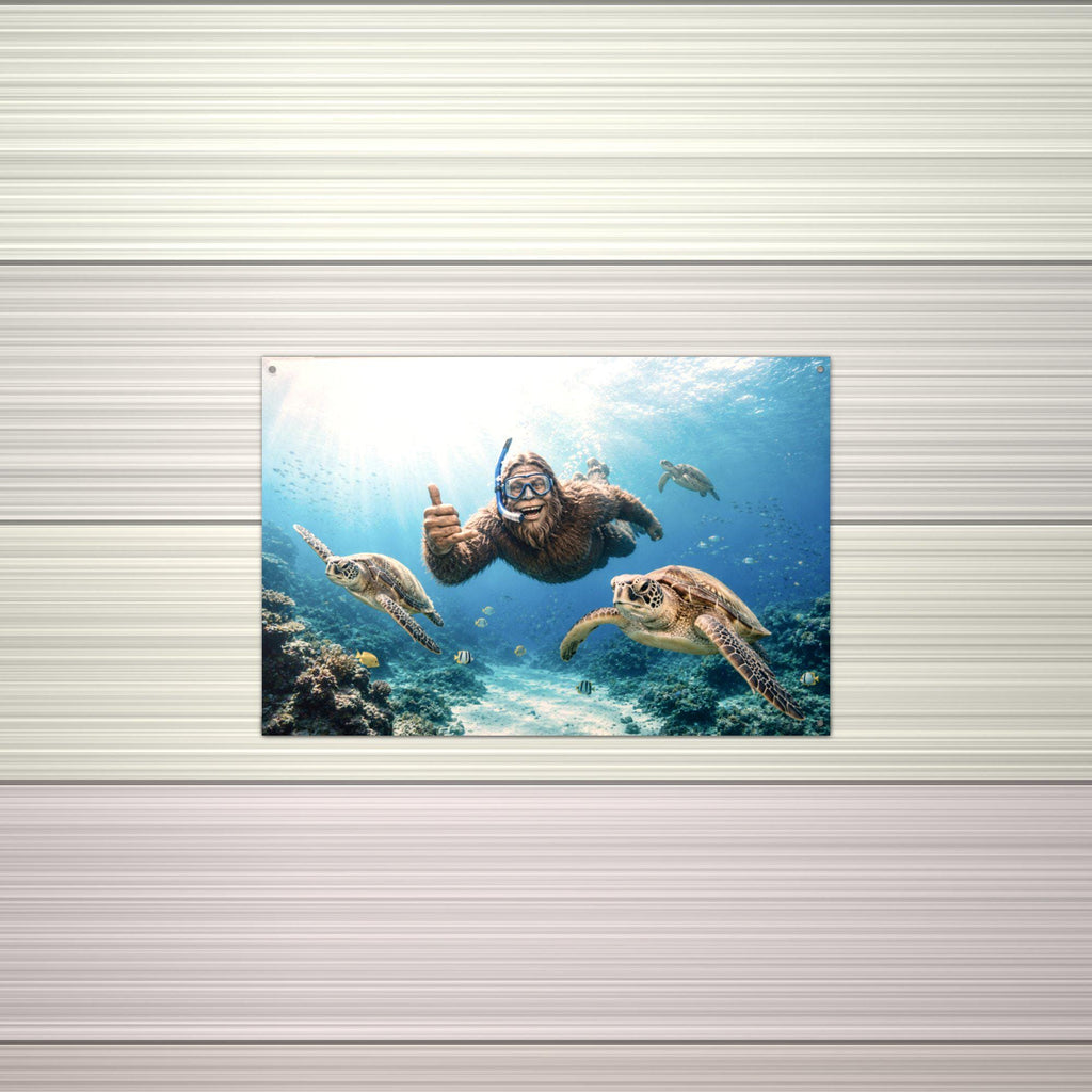 Scuba Bigfoot with Sea Turtles Metal Sign Bigfoot Aluminum Sign — alternate angle