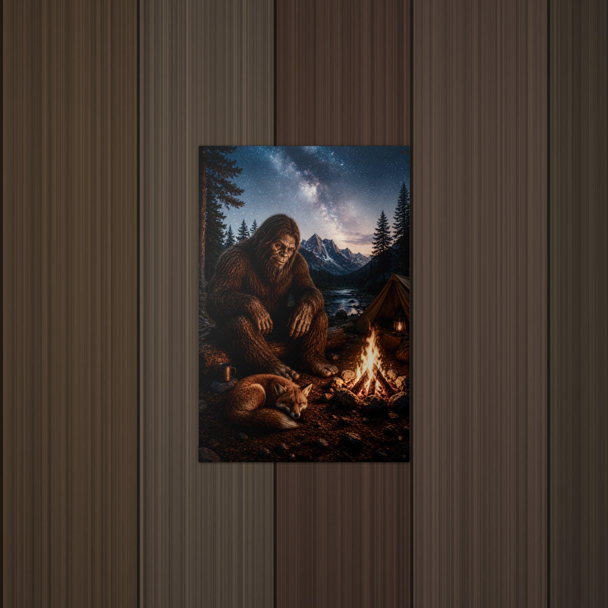 Milky Way Campfire Bigfoot Metal Sign Bigfoot Aluminum Sign — lifestyle setting
