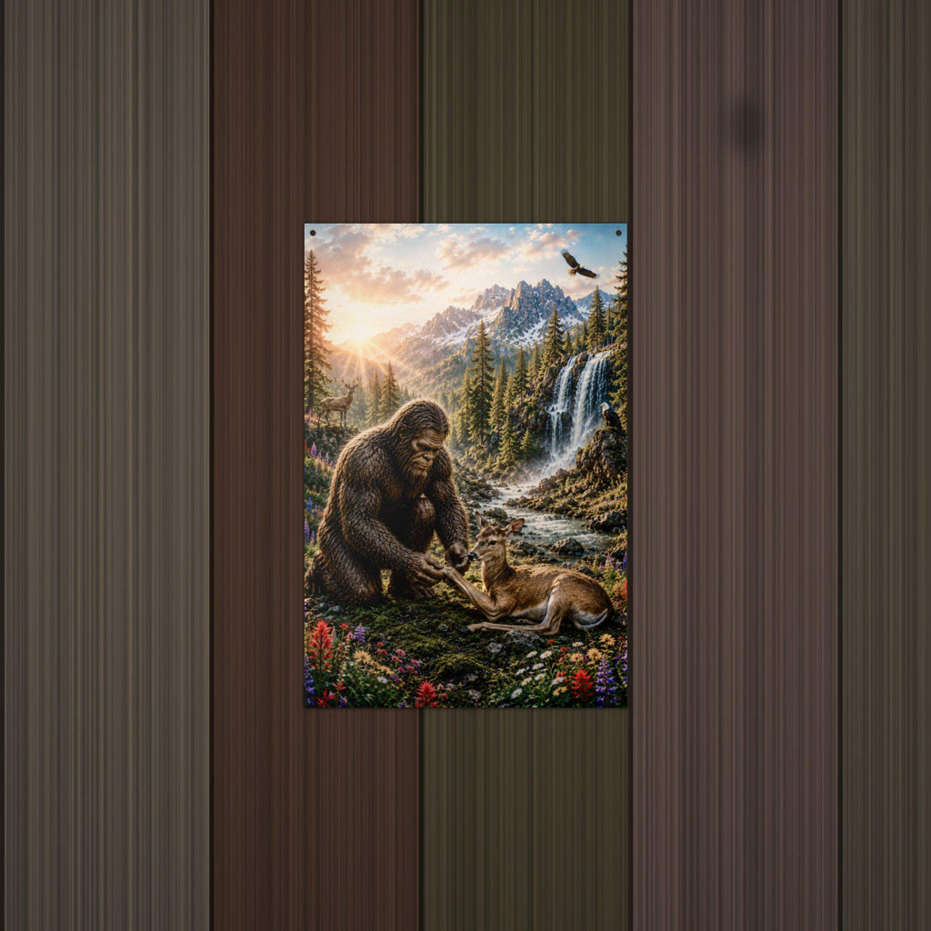 Waterfall Deer Bigfoot Metal Sign Bigfoot Aluminum Sign — lifestyle setting