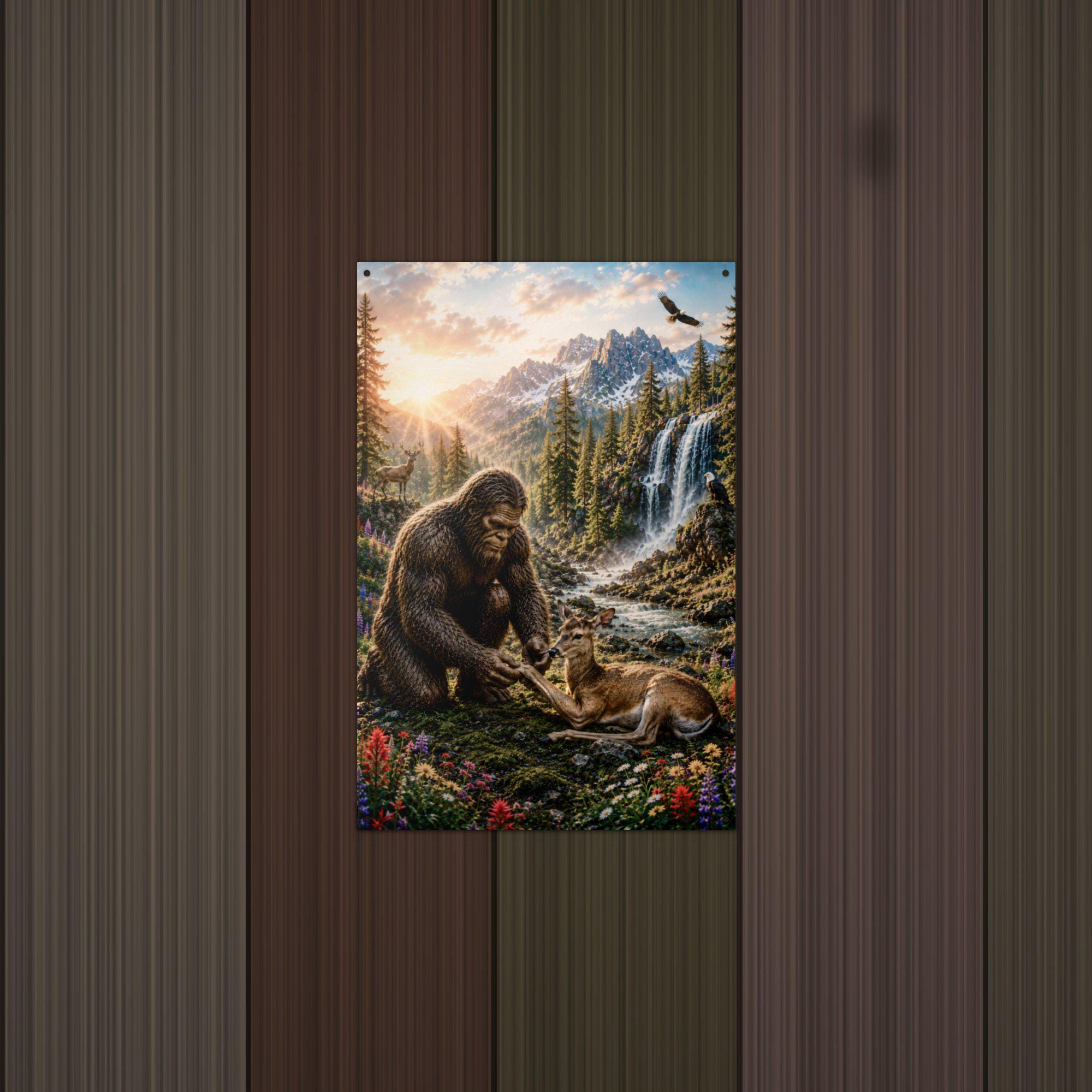 Waterfall Deer Bigfoot Metal Sign Bigfoot Aluminum Sign — lifestyle setting