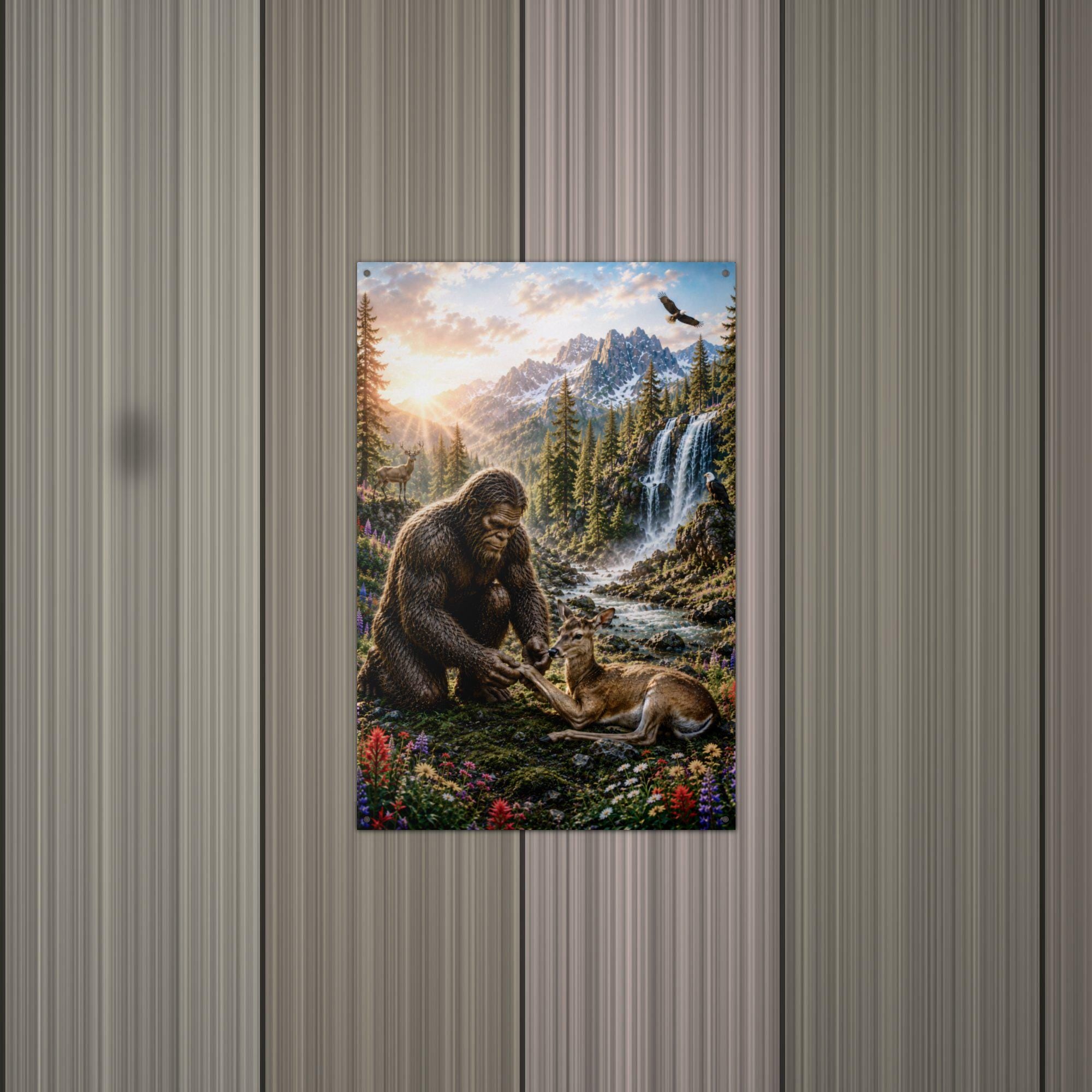 Waterfall Deer Bigfoot Metal Sign Bigfoot Aluminum Sign — alternate angle