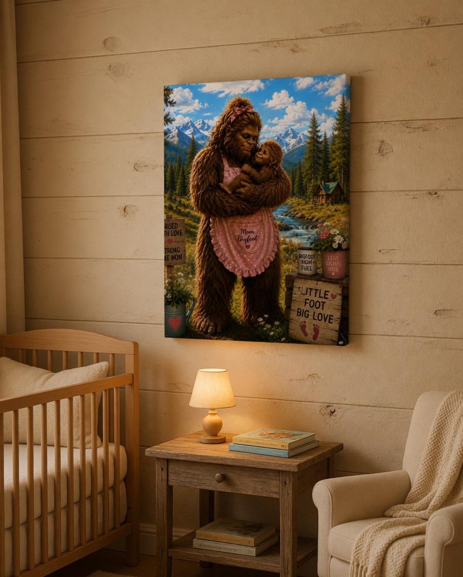 Mom Bigfoot Canvas Print Canvas Print — shown on a rustic wall