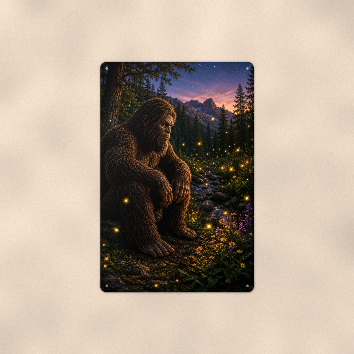 Firefly Night Bigfoot on a sublimated 8 x 12 in aluminum sign, shown whole against a plain wall — wall decor, handmade gift.