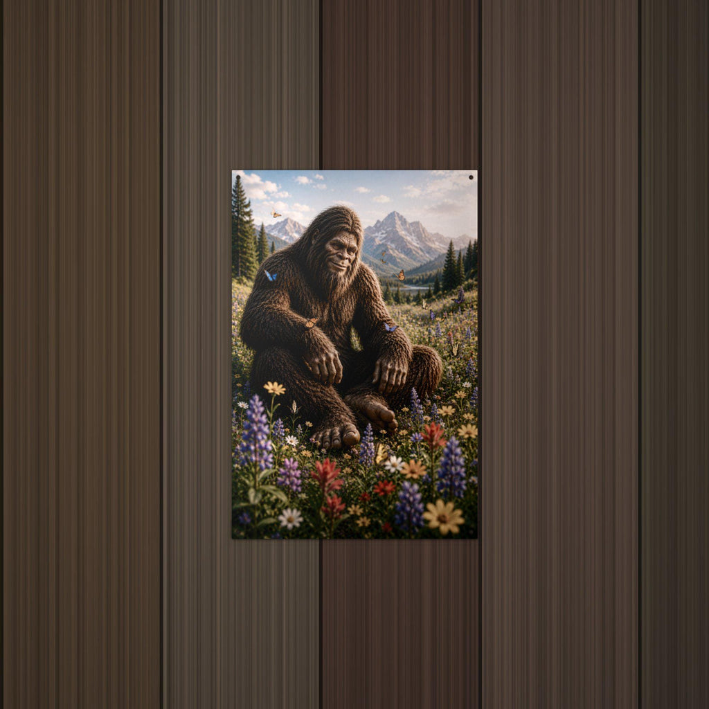 Wildflower Valley Bigfoot Metal Sign Bigfoot Aluminum Sign — lifestyle setting