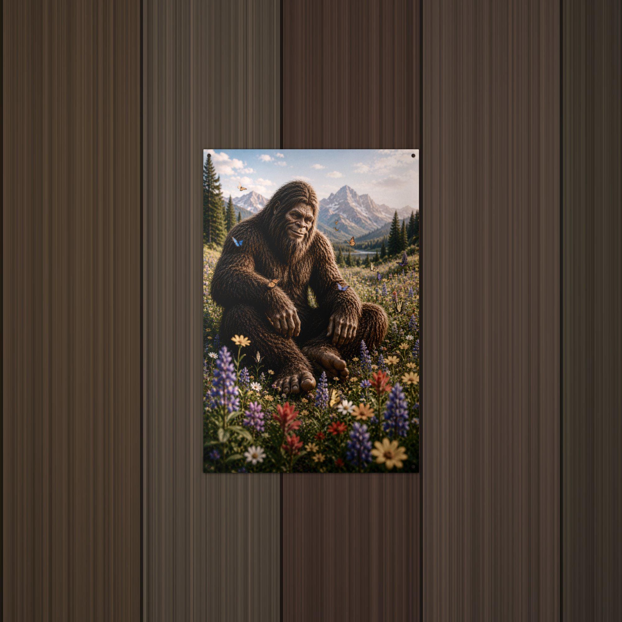 Wildflower Valley Bigfoot Metal Sign Bigfoot Aluminum Sign — lifestyle setting