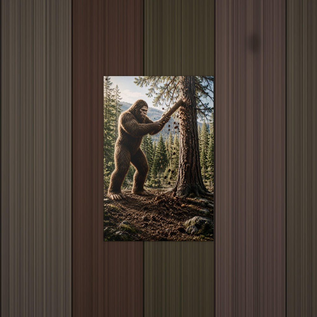Tree Knocker Bigfoot Metal Sign Bigfoot Aluminum Sign — lifestyle setting