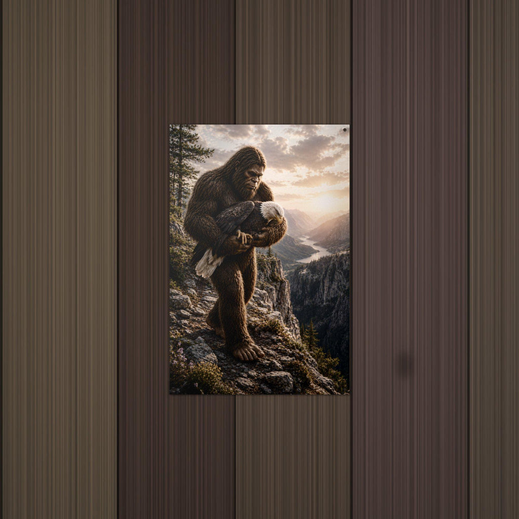 Mountain Climb Bigfoot Metal Sign Bigfoot Aluminum Sign — lifestyle setting