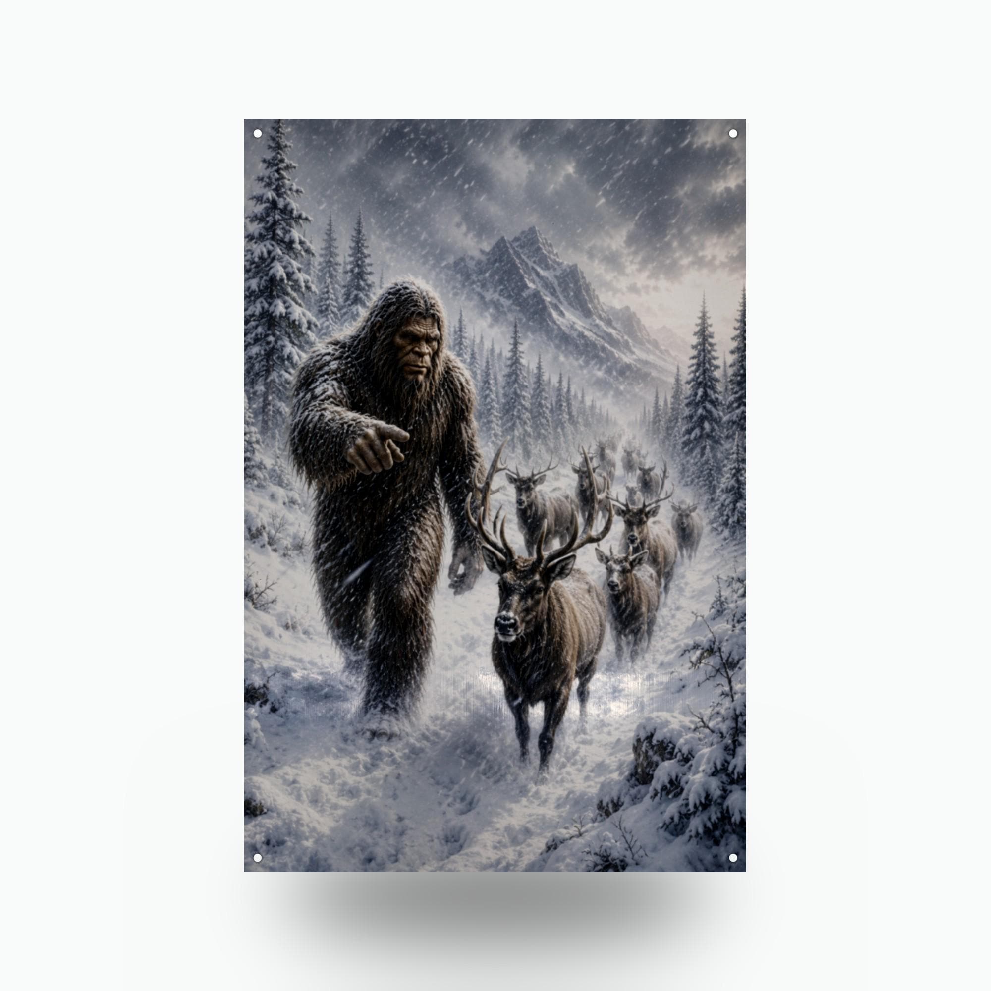 Reindeer Blizzard Bigfoot Metal Sign Bigfoot Aluminum Sign — front view on white background
