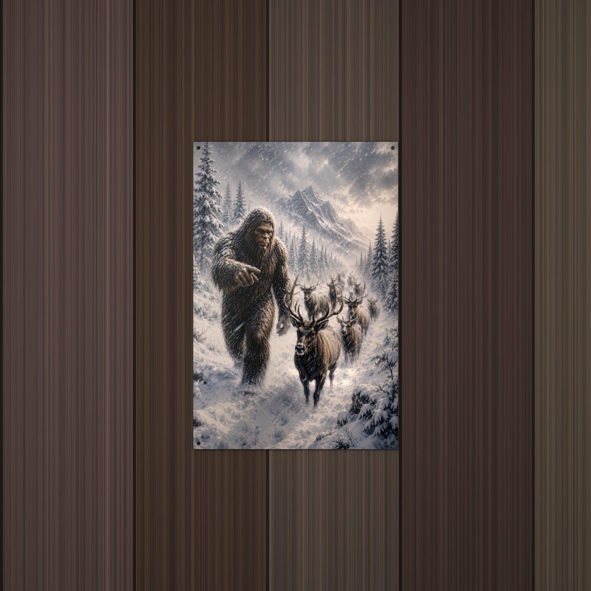 Reindeer Blizzard Bigfoot Metal Sign Bigfoot Aluminum Sign — lifestyle setting