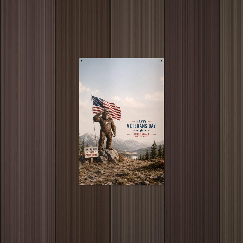 Veterans Day Bigfoot Metal Sign Bigfoot Aluminum Sign — lifestyle setting