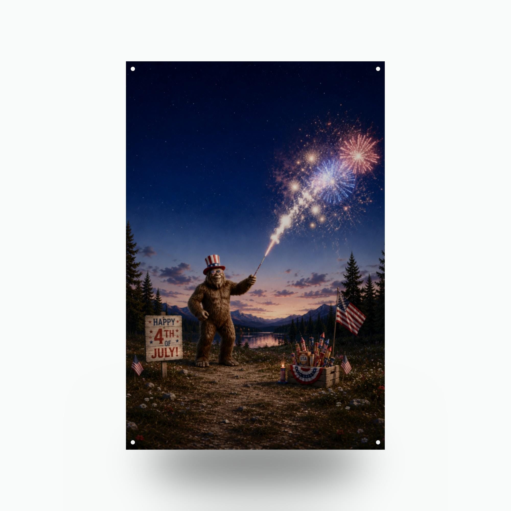 Fourth of July Bigfoot Metal Sign Bigfoot Aluminum Sign — front view on white background