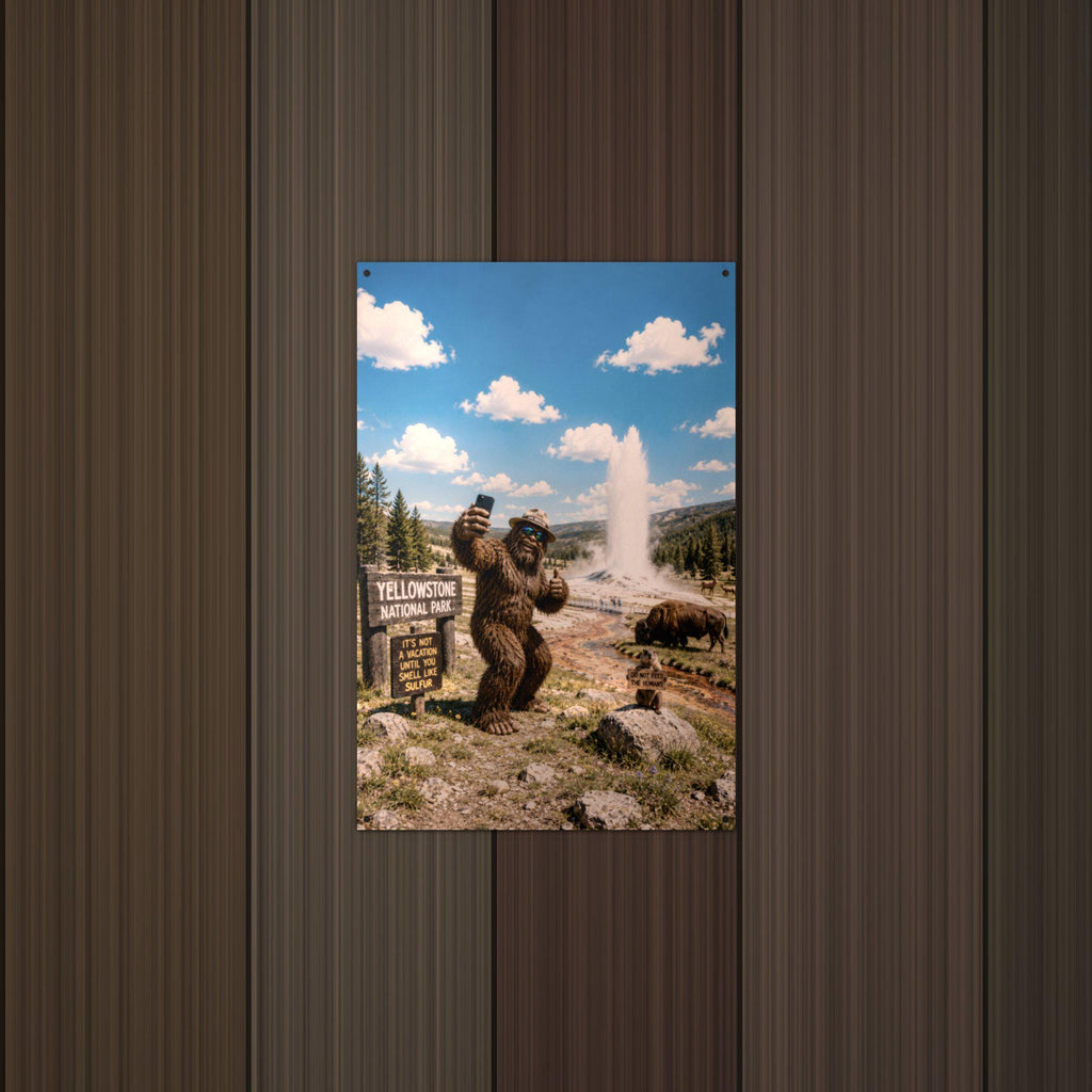 Yellowstone Bigfoot Metal Sign Bigfoot Aluminum Sign — lifestyle setting