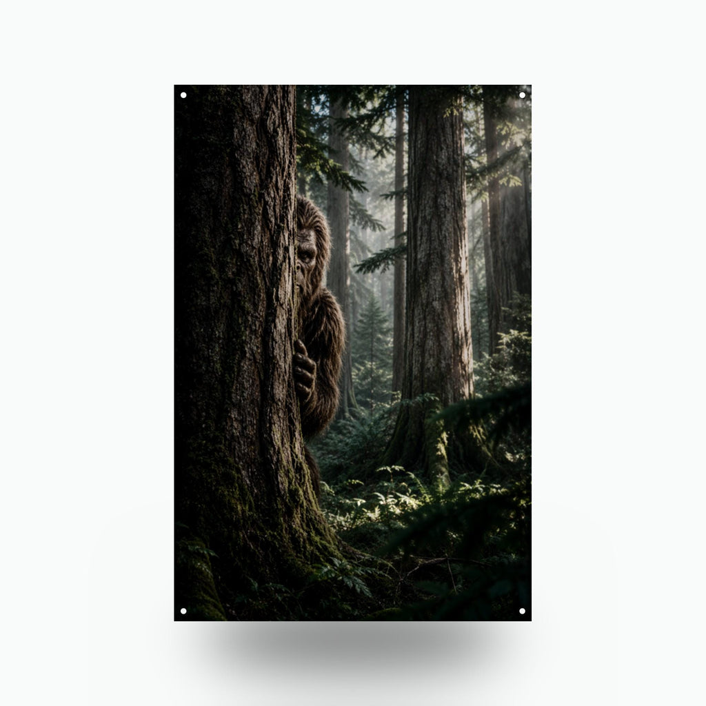 Peekaboo Pine Bigfoot Metal Sign Wood Sign — front view on white background