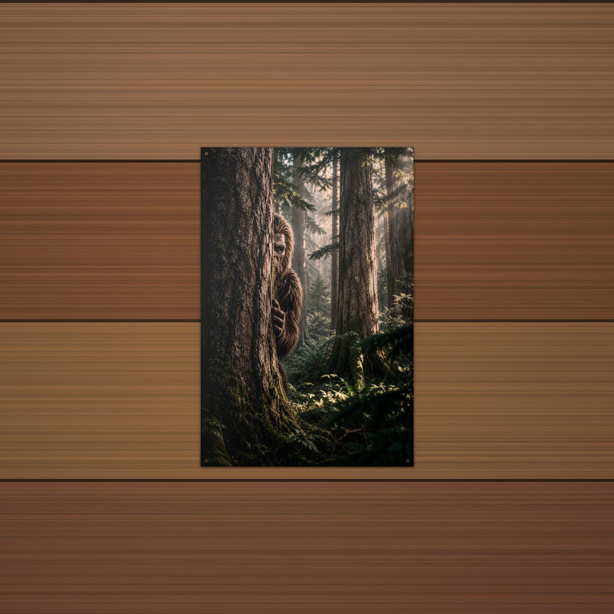 Peekaboo Pine Bigfoot Metal Sign Wood Sign — detail view