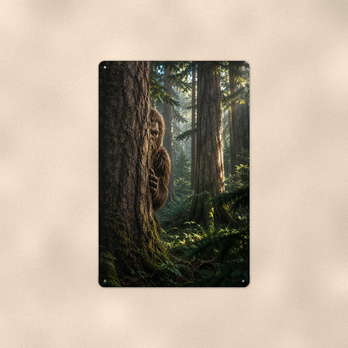 Peekaboo Pine Bigfoot on a sublimated 8 x 12 in aluminum sign, shown whole against a plain wall — wall decor, handmade gift.