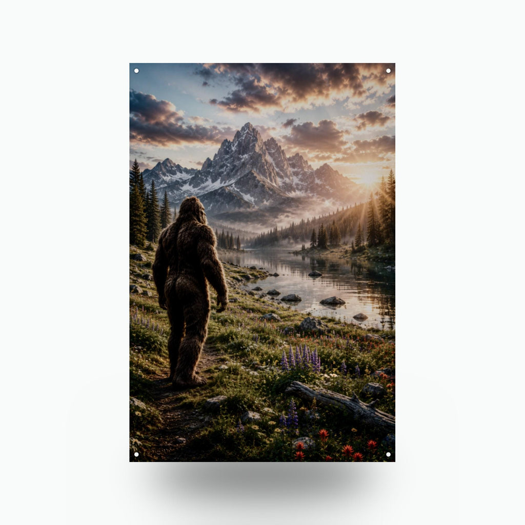 Sunset Meadow Bigfoot Metal Sign Bigfoot Aluminum Sign — front view on white background