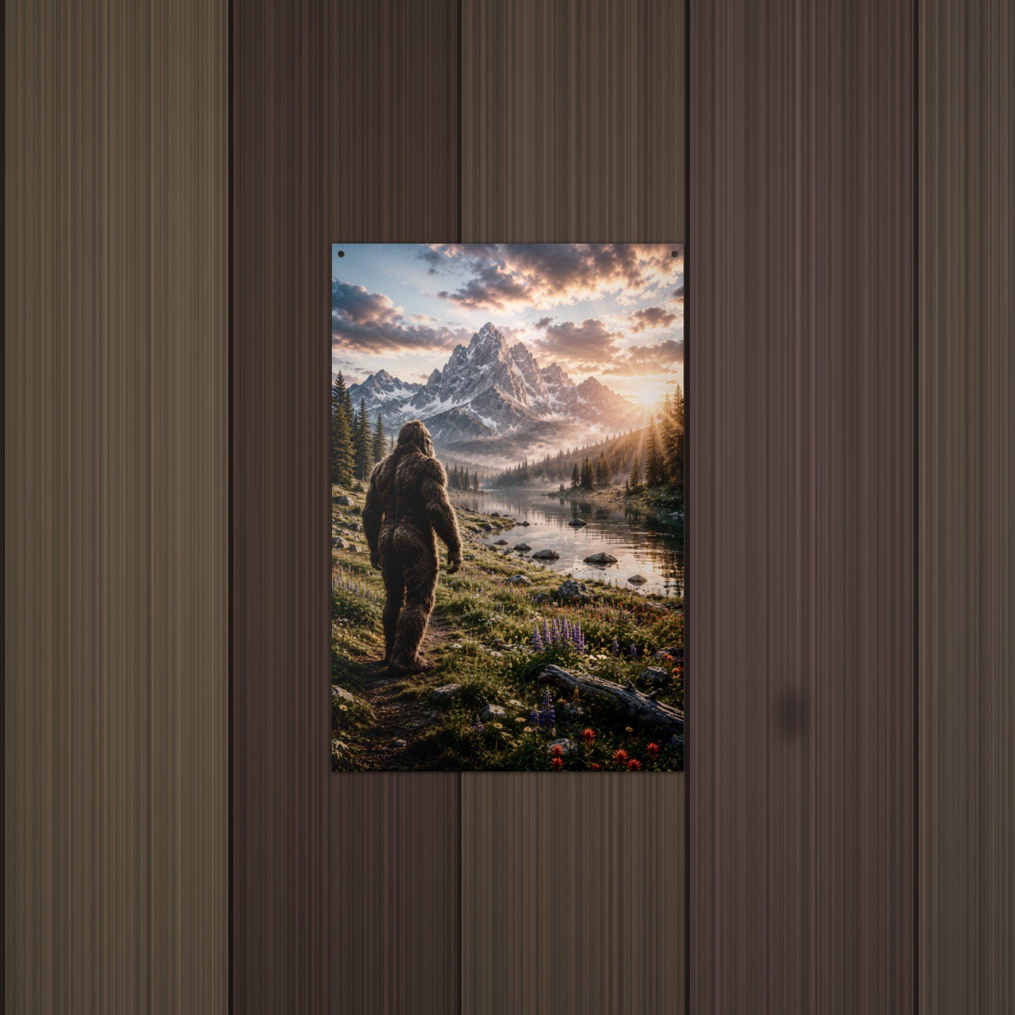 Sunset Meadow Bigfoot Metal Sign Bigfoot Aluminum Sign — lifestyle setting