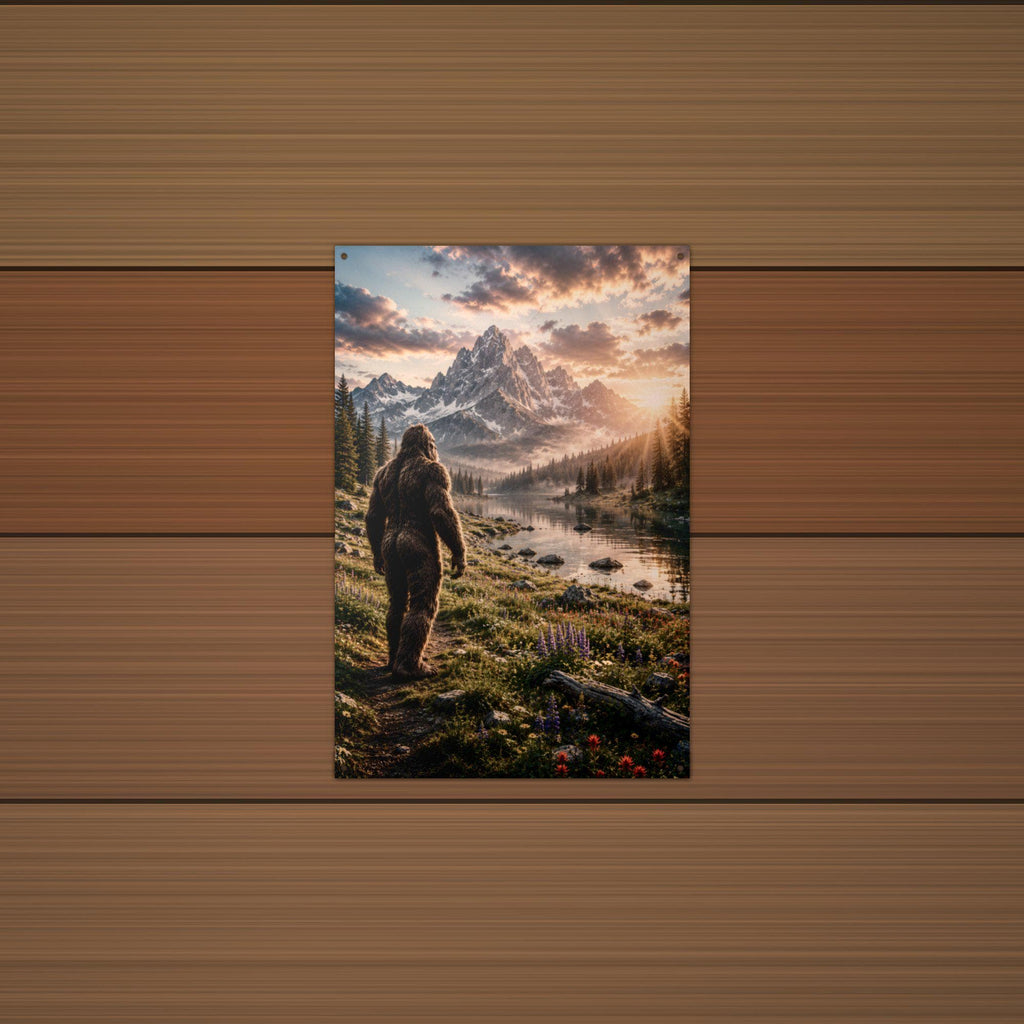 Sunset Meadow Bigfoot Metal Sign Bigfoot Aluminum Sign — detail view