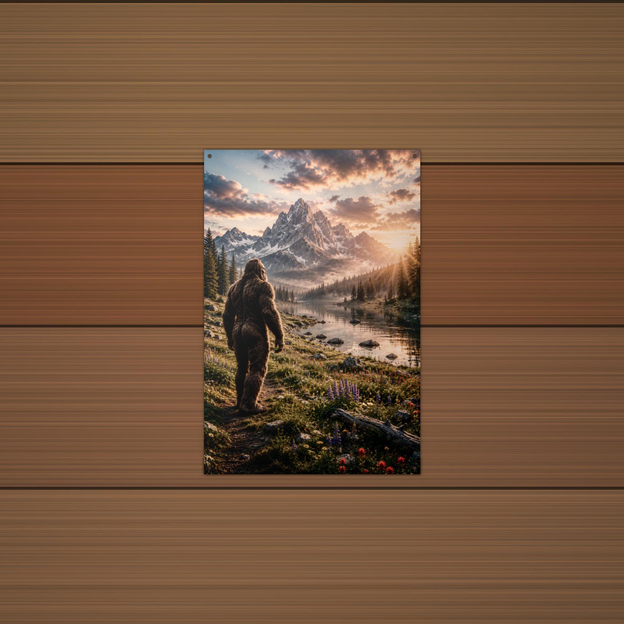 Sunset Meadow Bigfoot Metal Sign Bigfoot Aluminum Sign — detail view