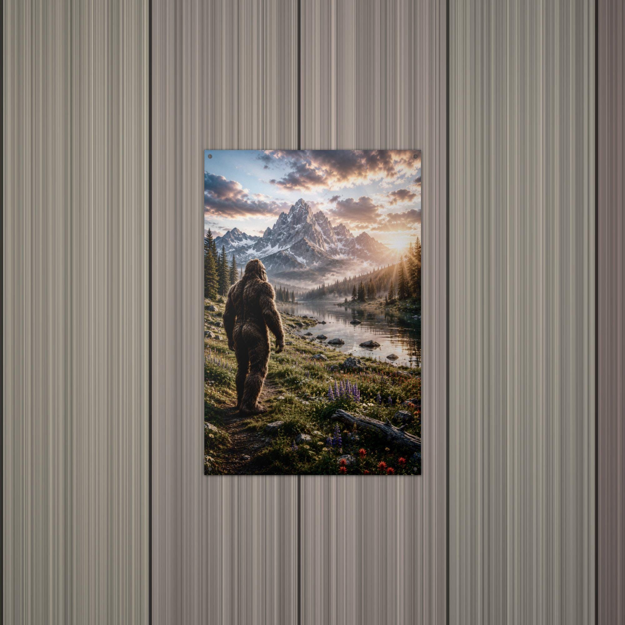 Sunset Meadow Bigfoot Metal Sign Bigfoot Aluminum Sign — alternate angle