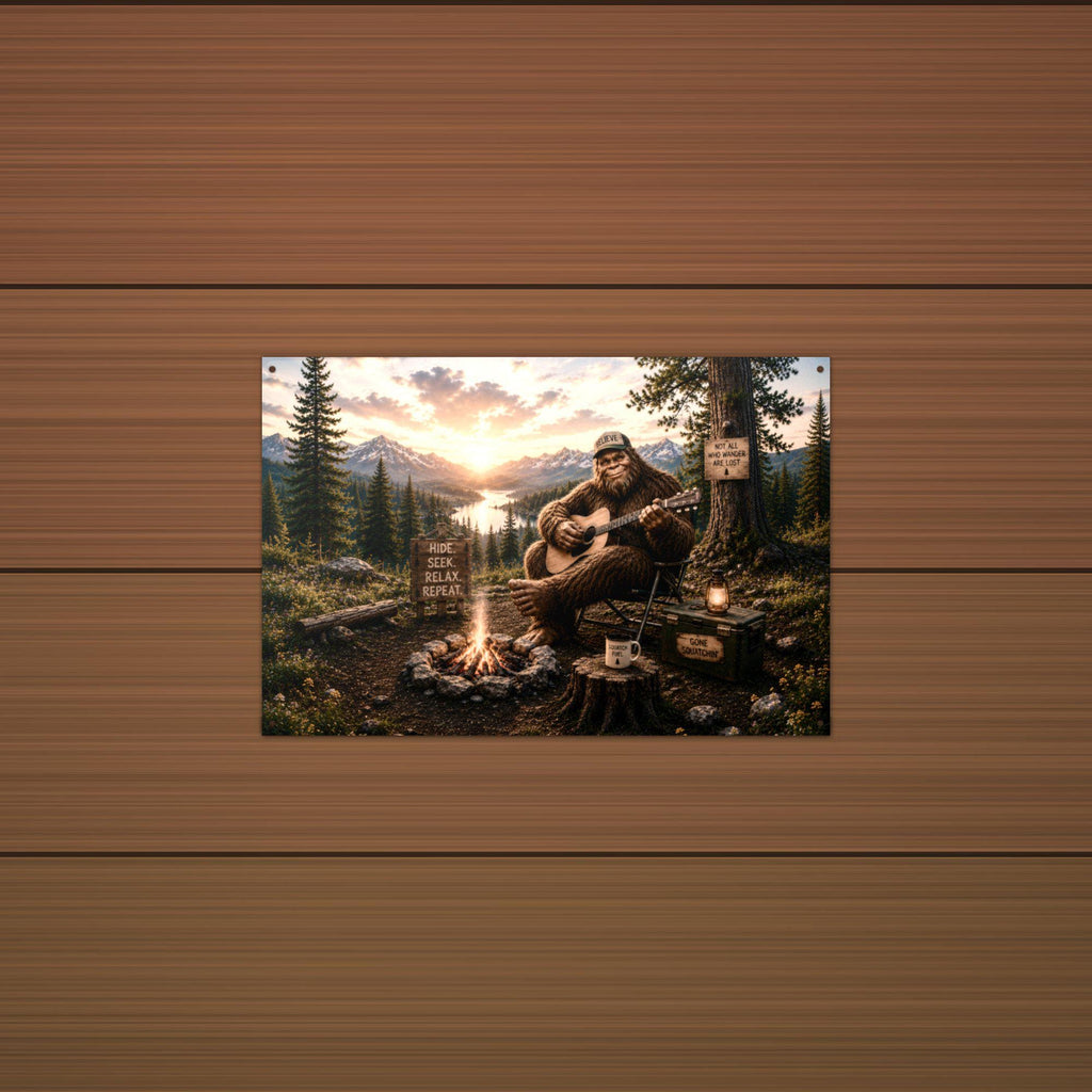 Campfire Guitar Bigfoot Metal Sign Bigfoot Aluminum Sign — detail view