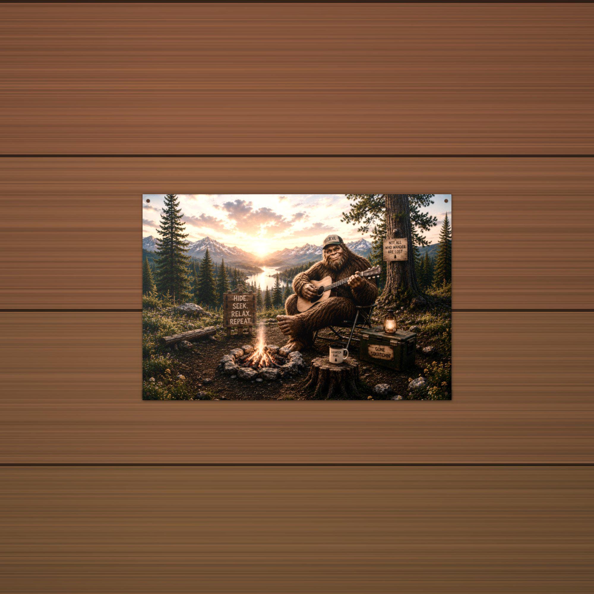 Campfire Guitar Bigfoot Metal Sign Bigfoot Aluminum Sign — detail view