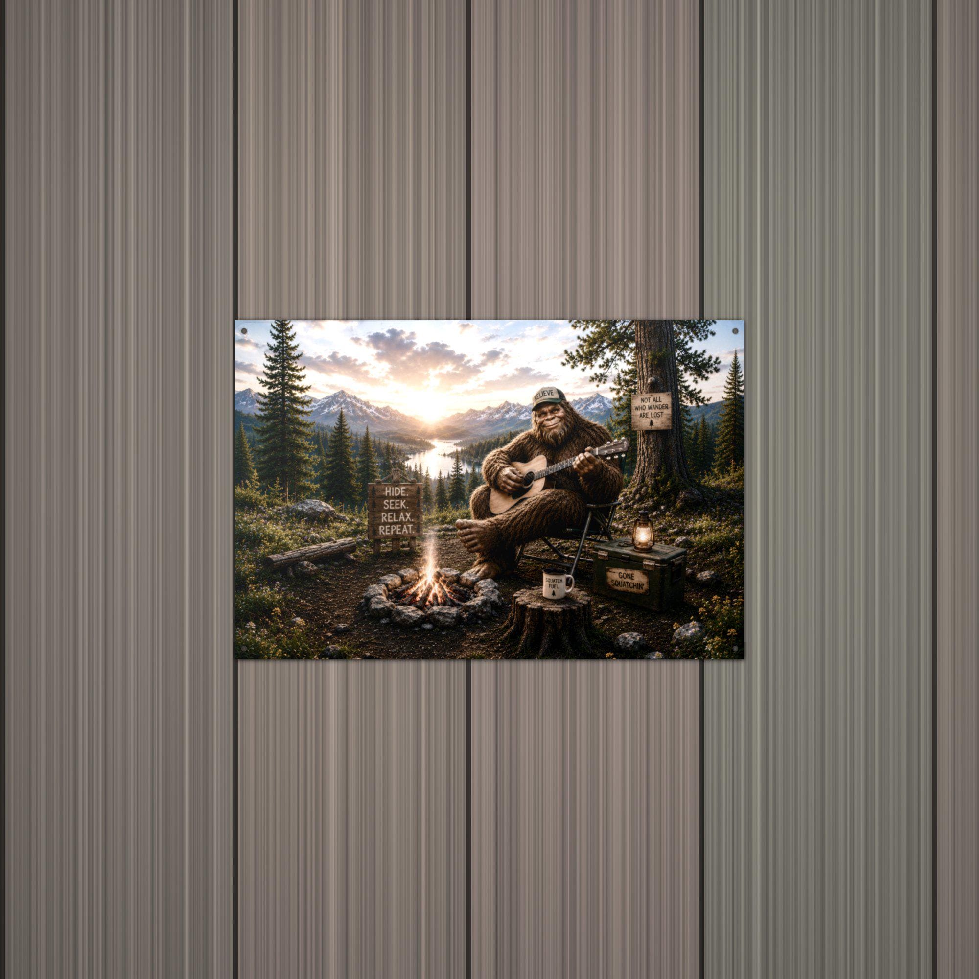 Campfire Guitar Bigfoot Metal Sign Bigfoot Aluminum Sign — alternate angle