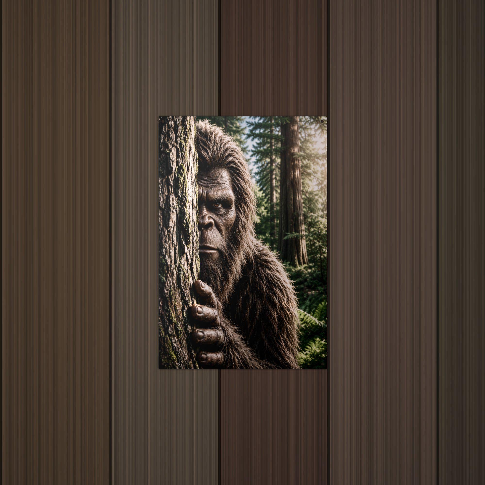 Redwood Peek Bigfoot Metal Sign Bigfoot Aluminum Sign — lifestyle setting