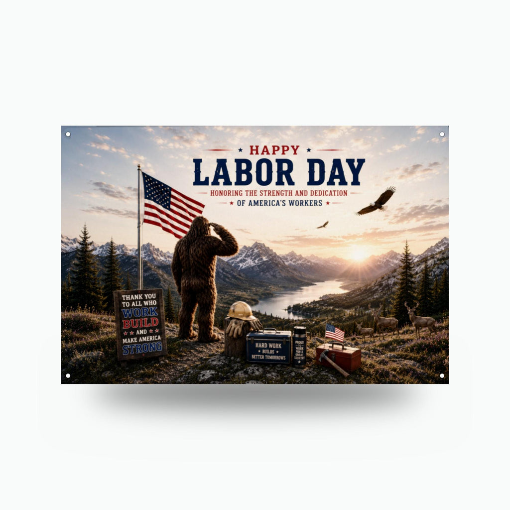 Labor Day Bigfoot Metal Sign Bigfoot Aluminum Sign — front view on white background