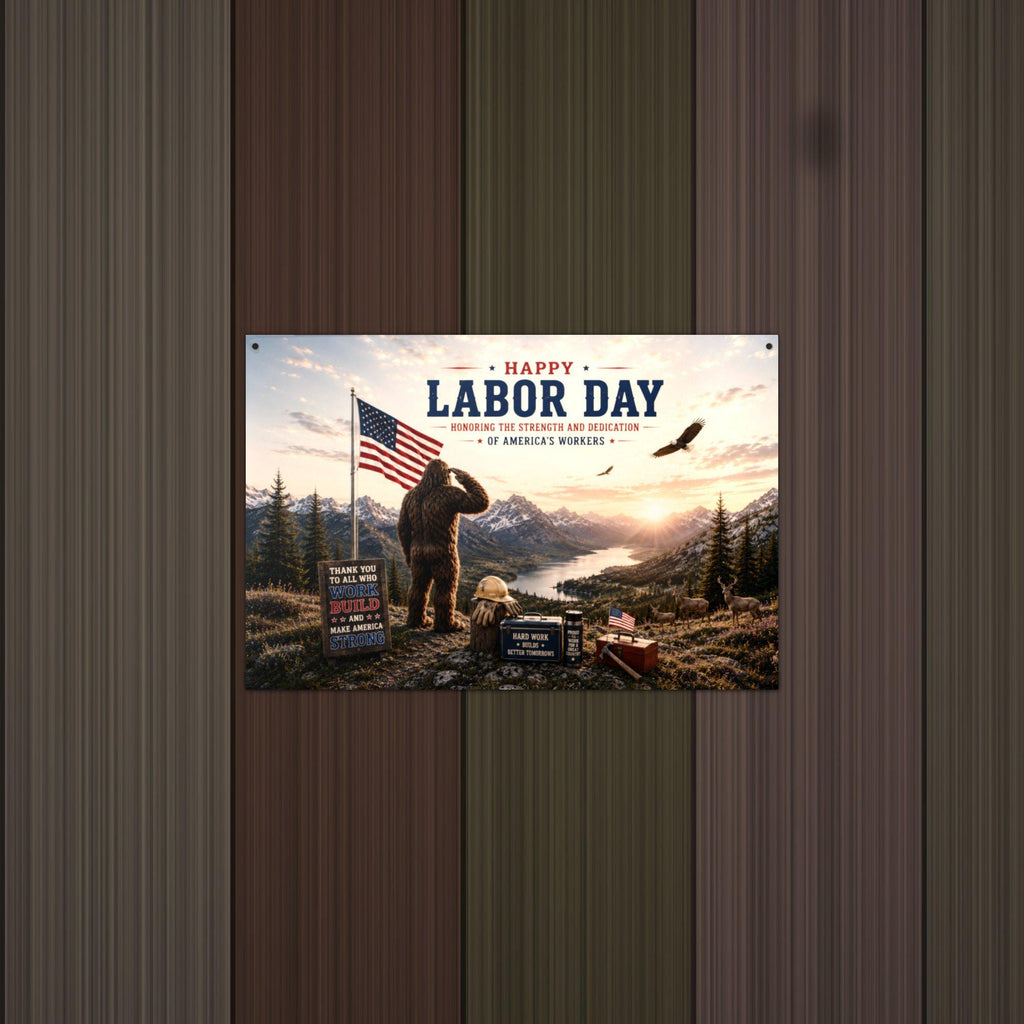 Labor Day Bigfoot Metal Sign Bigfoot Aluminum Sign — lifestyle setting