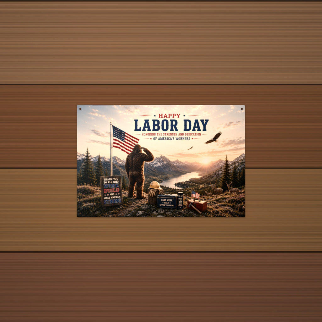 Labor Day Bigfoot Metal Sign Bigfoot Aluminum Sign — detail view
