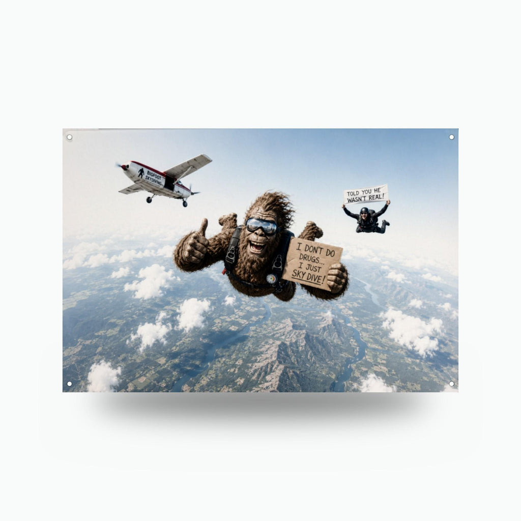 Skydiving Bigfoot Metal Sign Bigfoot Aluminum Sign — front view on white background