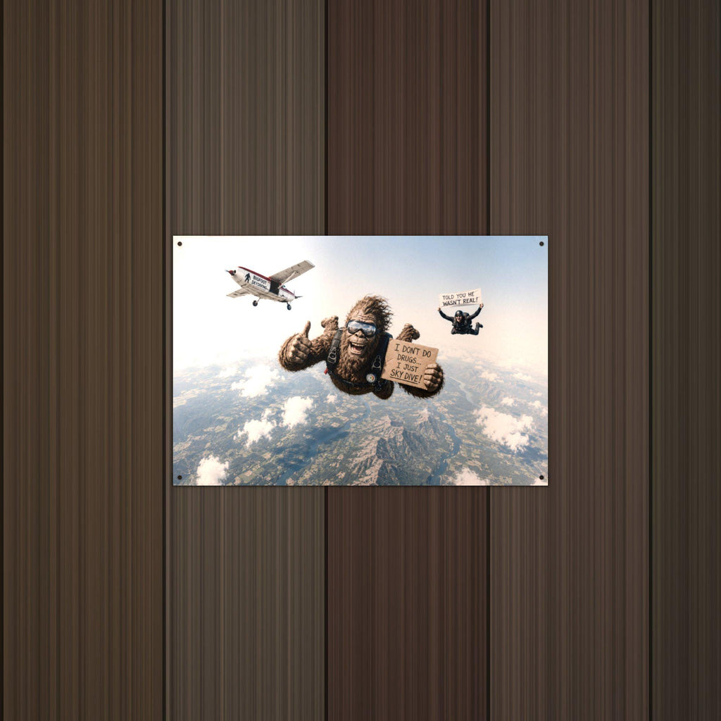 Skydiving Bigfoot Metal Sign Bigfoot Aluminum Sign — lifestyle setting